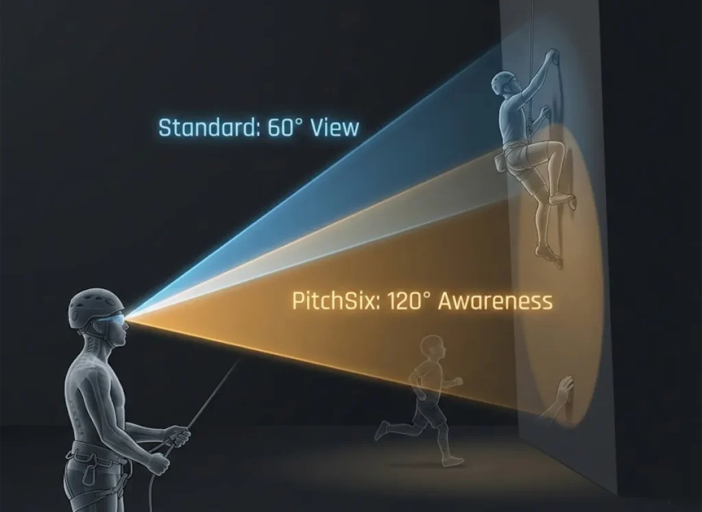 A sophisticated infographic illustrating the field of view for belay glasses. It contrasts a narrow 60-degree vision cone focusing only on a climber with a wide 120-degree vision cone that includes the ground and surroundings.