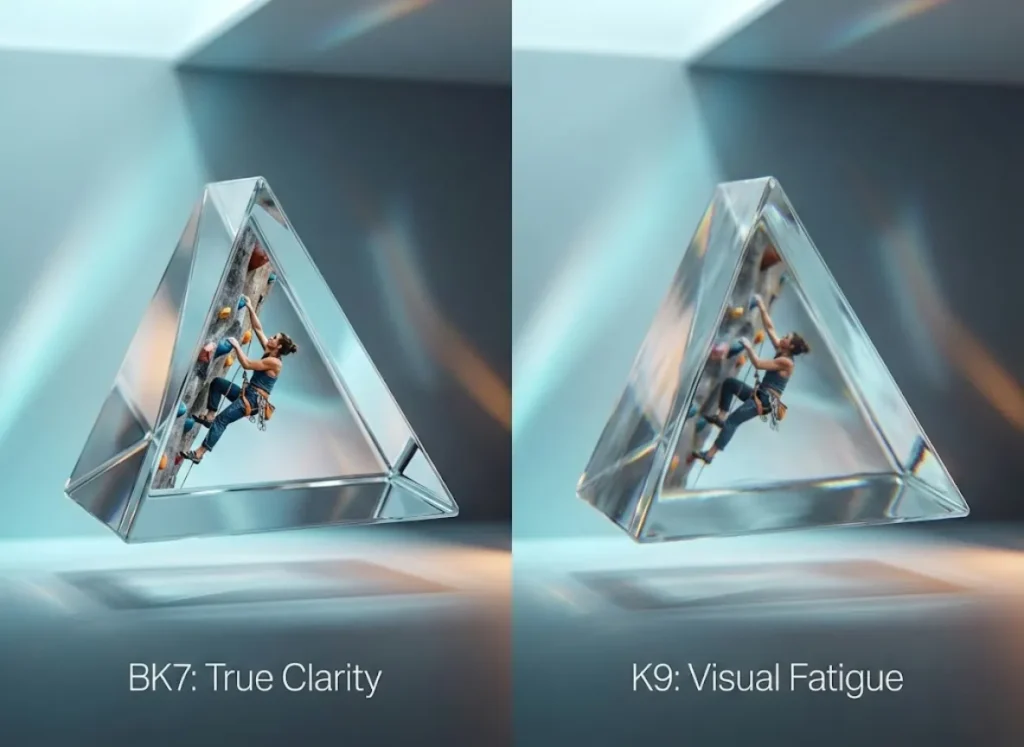 A high-definition split-screen illustration comparing optical prisms. The left side shows a pristine BK7 prism with a crystal-clear view of a rock climber and text reading "BK7: True Clarity." The right side shows a K9 prism with slight blur and chromatic aberration, labeled "K9: Visual Fatigue."