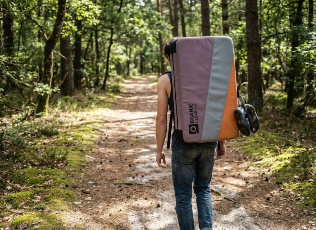 A solo boulderer hiking through a forest carrying a crash pad, symbolizing the operational independence of the discipline.