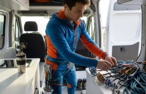 Best Climbing Podcasts: The Definitive Curated Guide A climber organizing gear in a van while listening to a podcast on earbuds.