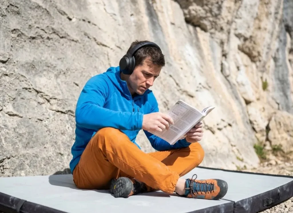 A rock climber resting at the crag, wearing headphones and reading a guidebook.