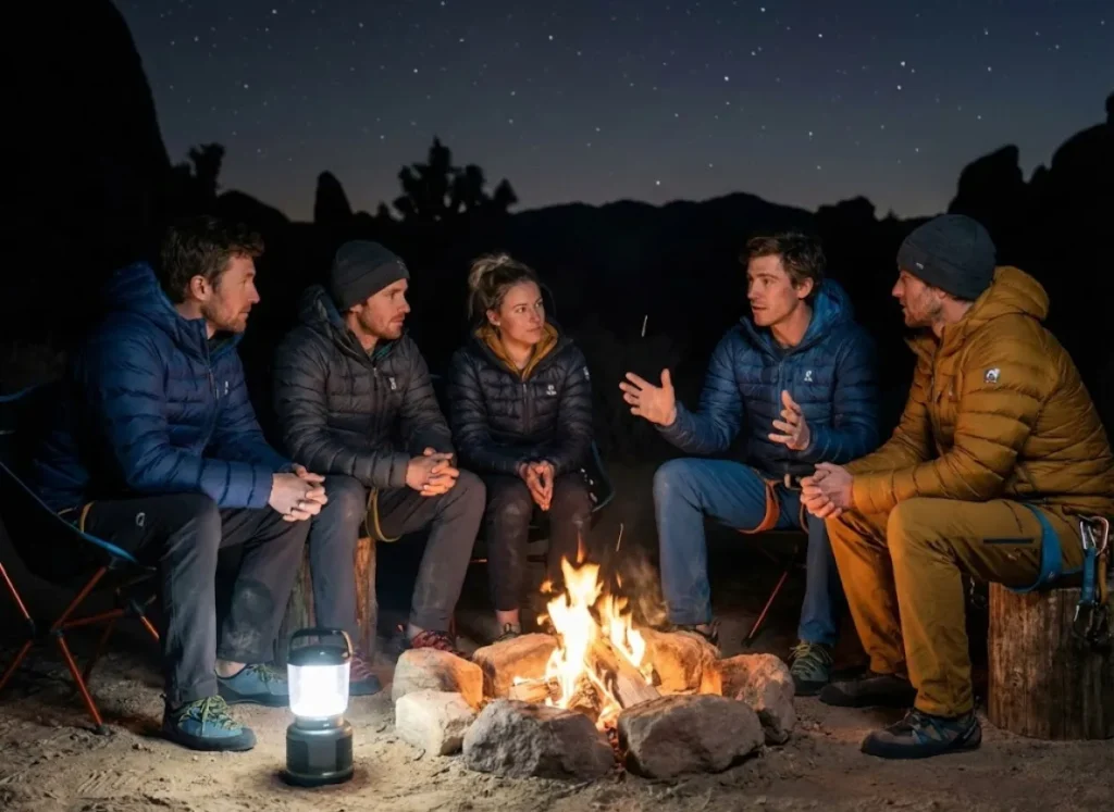 Climbers sitting around a campfire at night, sharing stories.
