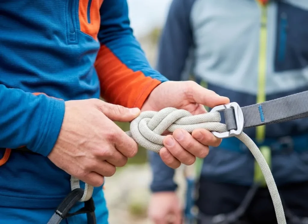 Close-up of a climber checking a figure-eight knot on a harness for safety.