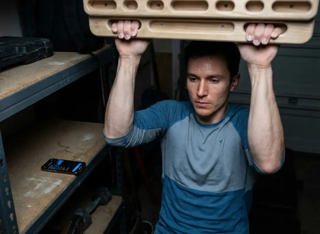 A climber training on a hangboard in a home gym, straining with effort.