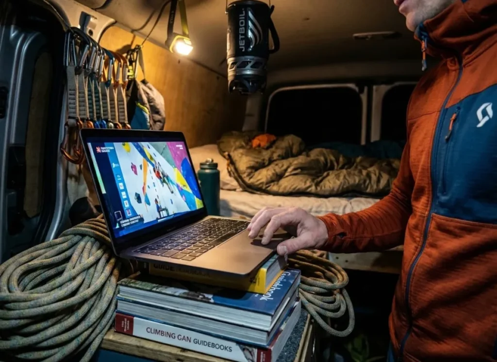 A laptop streaming a climbing event inside a cluttered, authentic climber's van with gear scattered around.