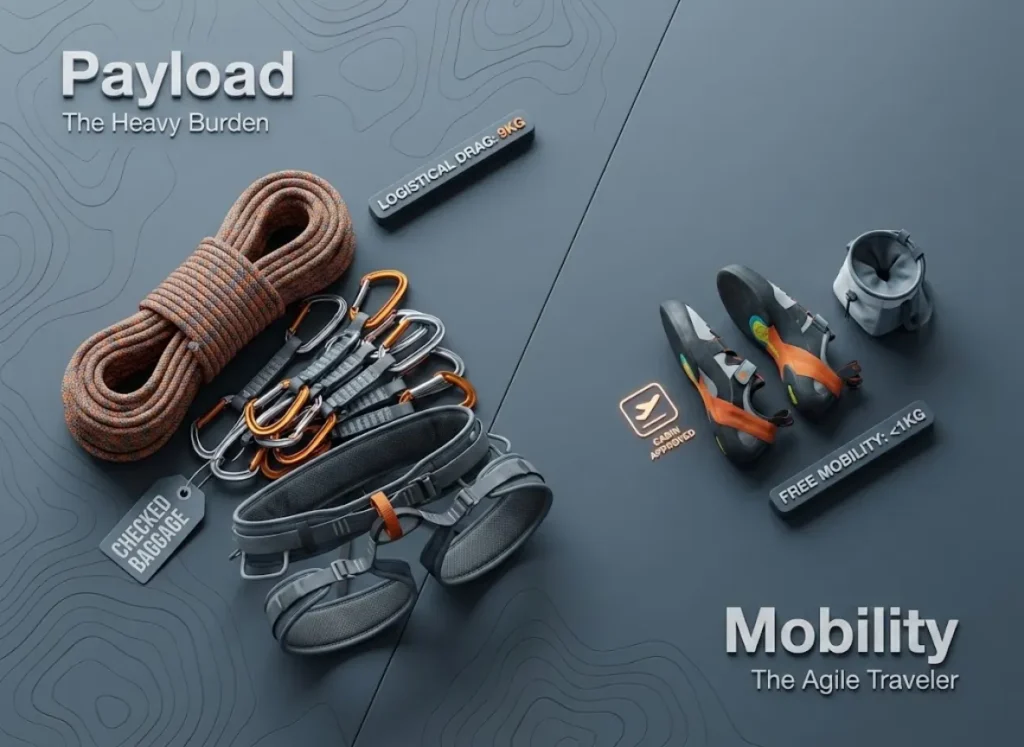 A high-definition, split-composition flat-lay photography comparison. On the left, a heavy pile of climbing ropes and carabiners labeled 'High Friction'. On the right, a minimal pair of climbing shoes labeled 'High Mobility'. The style is a blend of 3D realism and vector art.