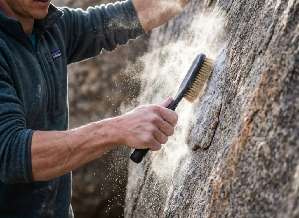 A climber using a boar's hair brush to clean a granite hold, with chalk dust particles frozen in mid-air by high-speed photography.