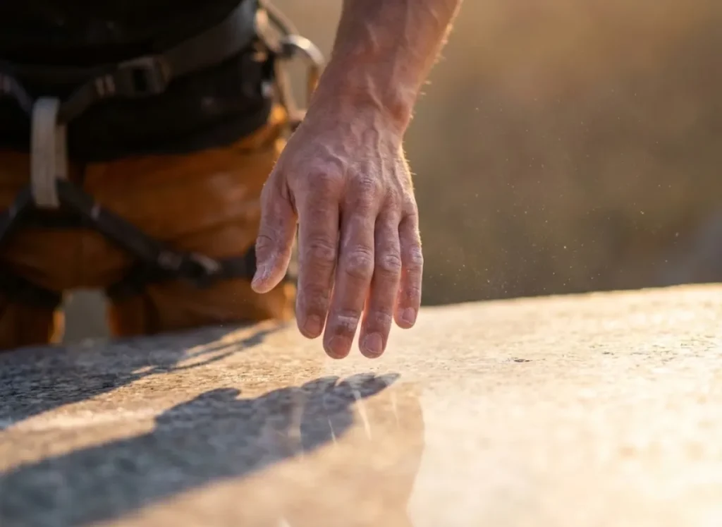 Close-up of a climber's chalked hand hovering over glassy granite, illustrating the friction paradox where chalk creates a slippery layer on smooth rock.