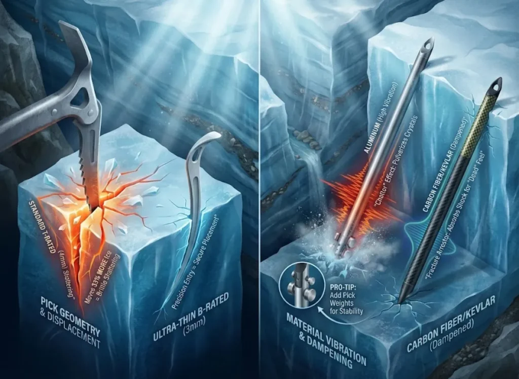 A technical infographic comparing ice axe pick geometry and material vibration characteristics. The left panel shows a thick 4mm pick causing ice shattering versus a thin 3mm pick creating a clean entry, with text noting a "33% difference" in displacement. The right panel shows an aluminum tool causing high-frequency "chatter" and pulverized ice, contrasted with a carbon fiber tool absorbing shock for a "dead feel," including a pro-tip about adding weights to aluminum tools. The aesthetic is high-definition vector-realism with dramatic lighting.