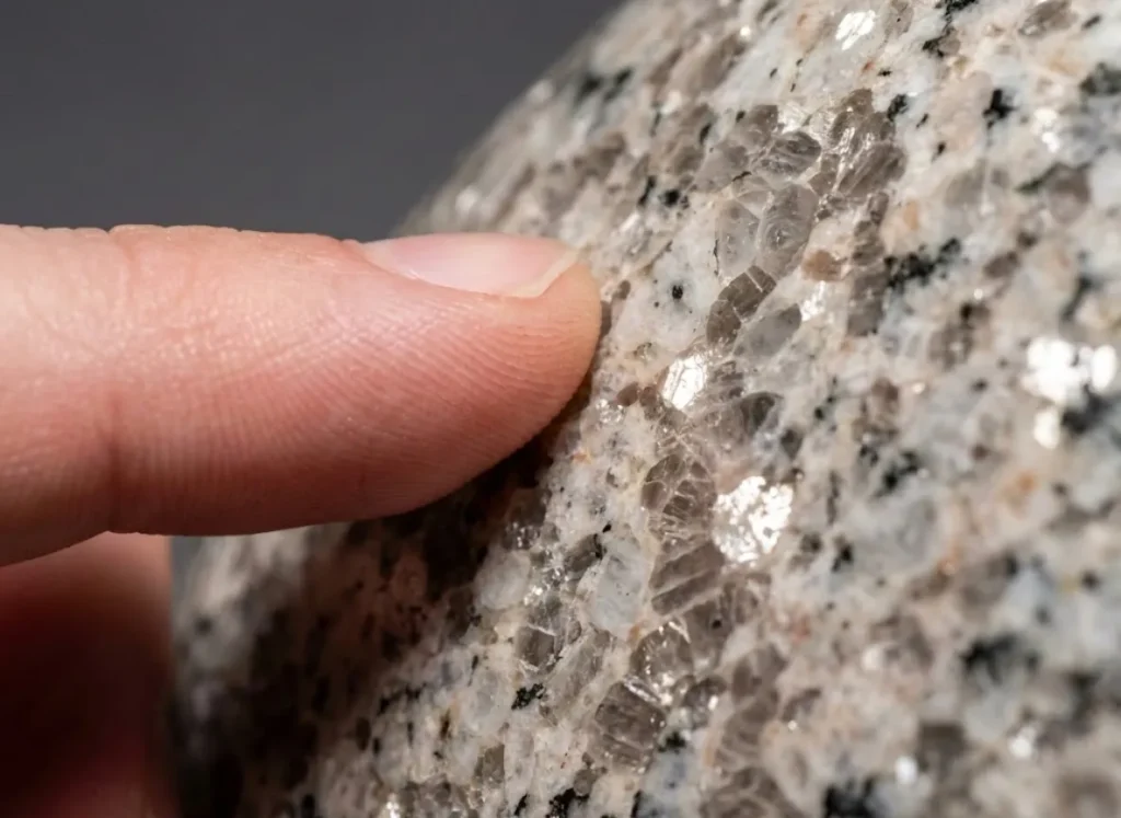 Extreme macro photography of a fingertip pressing against granite crystals, showing the non-porous geological structure of the rock.