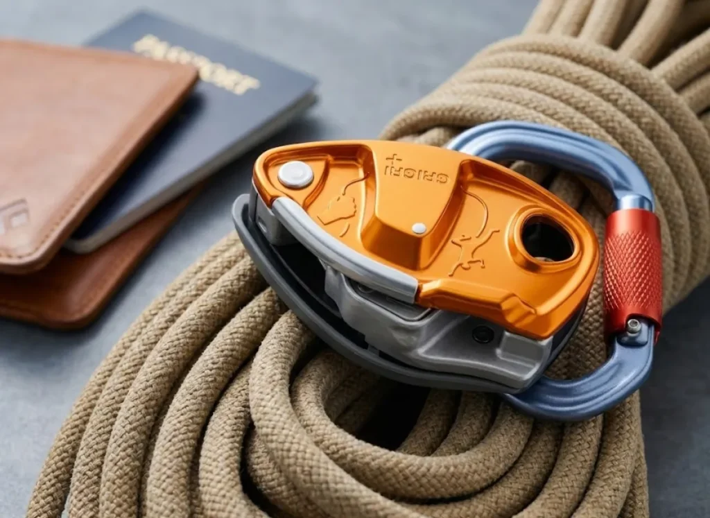 Close-up of climbing hardware including a Petzl GriGri and carabiners arranged next to a passport, illustrating the balance of gear weight and travel logistics.