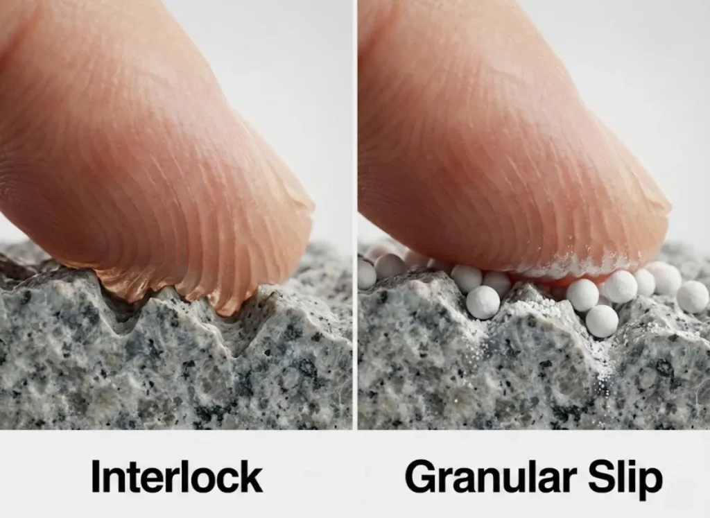 A split-panel 3D microscopic cross-section comparison. The left side shows a fingertip's skin ridges locking into rock texture. The right side shows skin floating on top of loose white chalk particles, illustrating the ball bearing effect.