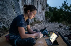 How to Watch Climbing Competitions: The 2026 Stream Matrix A climber covered in chalk watches a live stream of a climbing world cup on a tablet while resting at the base of a cliff.