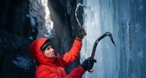 Why Cold Ice Shatters: Brittle Fracture Mechanics Guide A professional ice climber in Arc'teryx gear scaling a brittle blue ice pillar in a frozen canyon, illuminated by a shaft of cold sunlight highlighting the texture of the frozen waterfall.