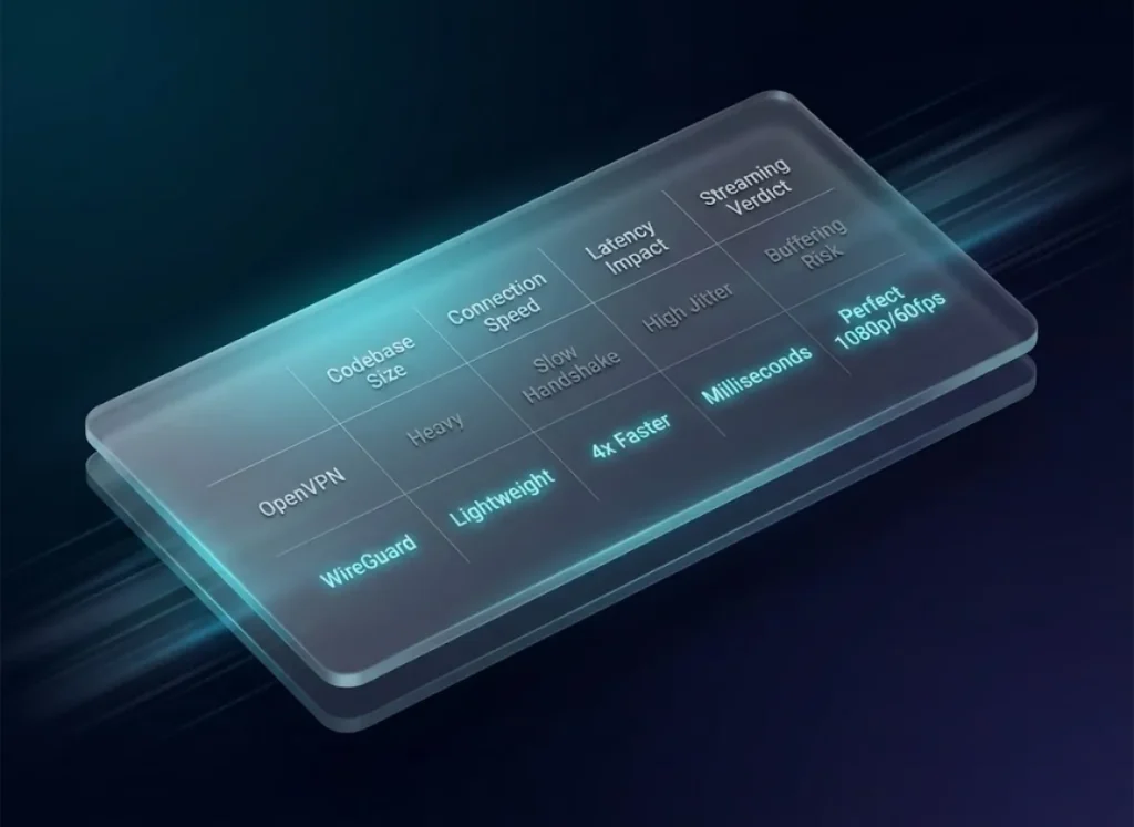 A futuristic, high-fidelity comparison table displayed on a floating glass interface, contrasting WireGuard and OpenVPN protocols. The chart highlights WireGuard's superior speed and low latency for streaming live sports.