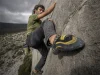 Your Car Is Flattening Your Climbing Shoe Downturn Downturned La Sportiva Miura VS climbing shoe toeing an overhang, showing the curve that downturn maintenance protects
