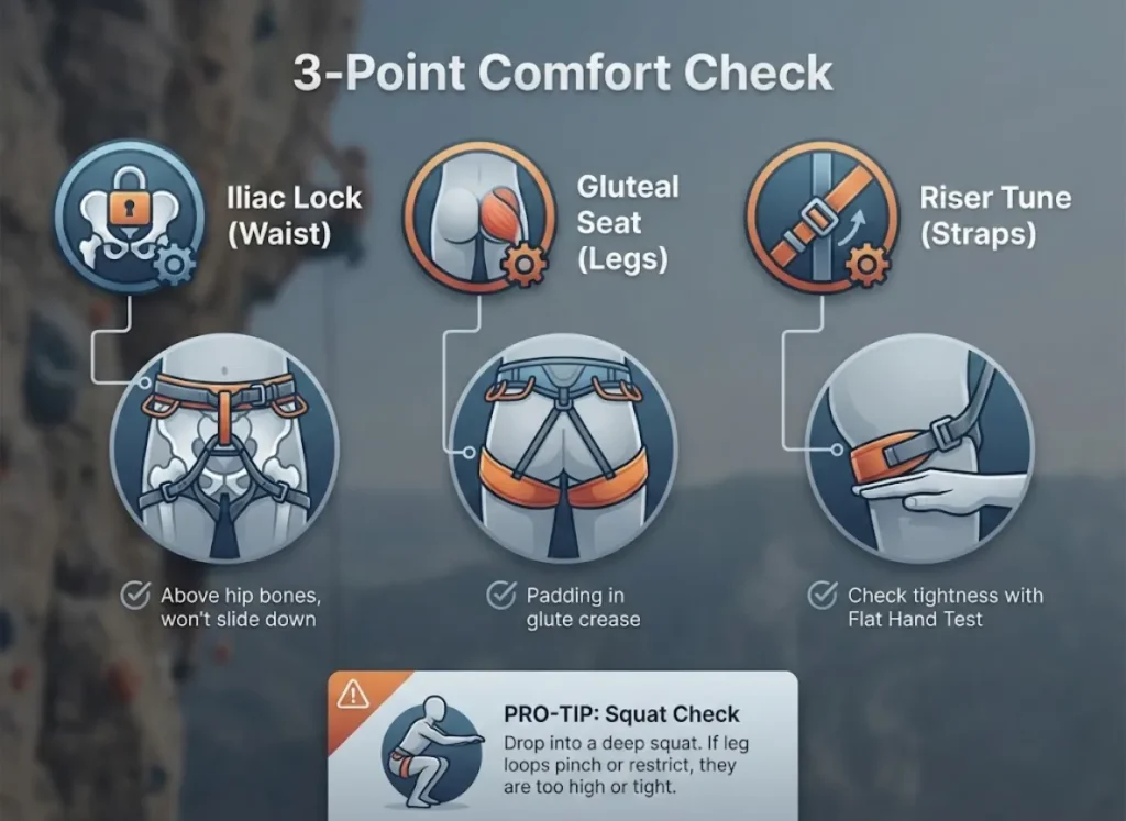 Infographic illustrating the "3-Point Comfort Check" for a climbing harness, with icons and text for Iliac Lock, Gluteal Seat, Riser Tune, and a Squat Check pro-tip.