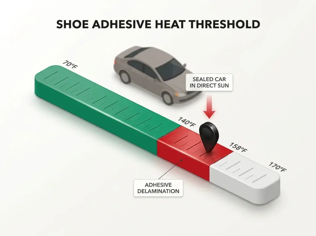 Infographic showing climbing shoe adhesive delamination temperature range with a hot car danger zone marker at 150°F
