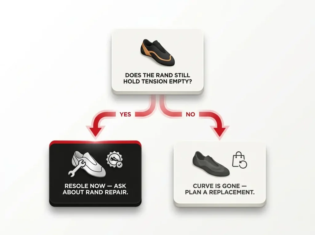 Infographic flowchart showing whether to resole a climbing shoe now or plan a replacement based on rand tension
