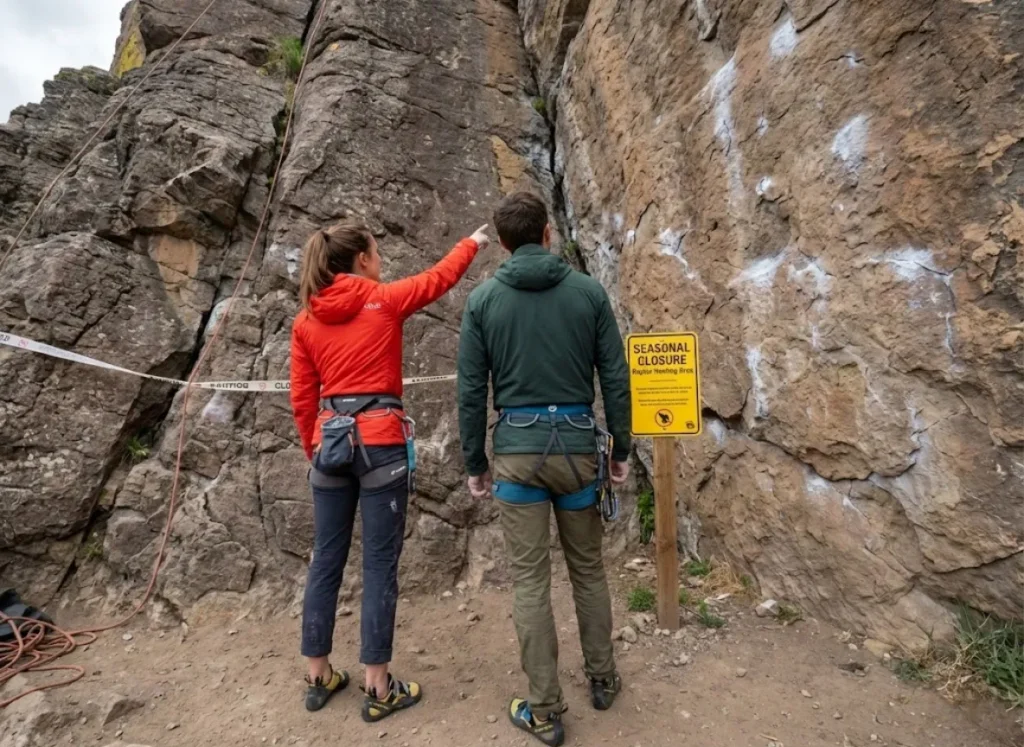 Climbers reading raptor closure sign while identifying open routes using adaptive management