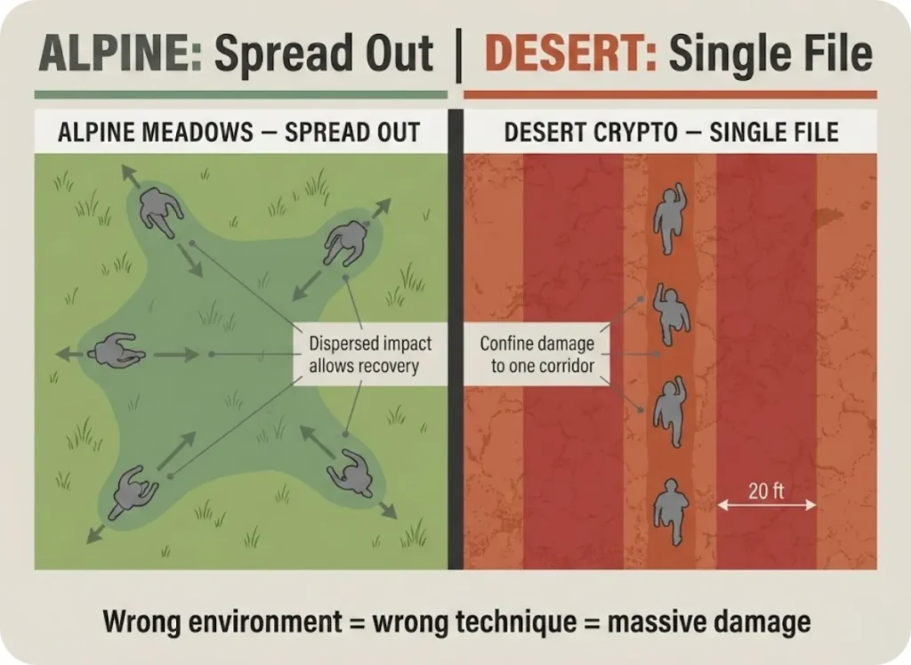 Overhead diagram comparing Leave No Trace hiking strategies: alpine meadows requiring spread-out dispersal versus desert cryptobiotic soil requiring single-file travel to minimize destruction.