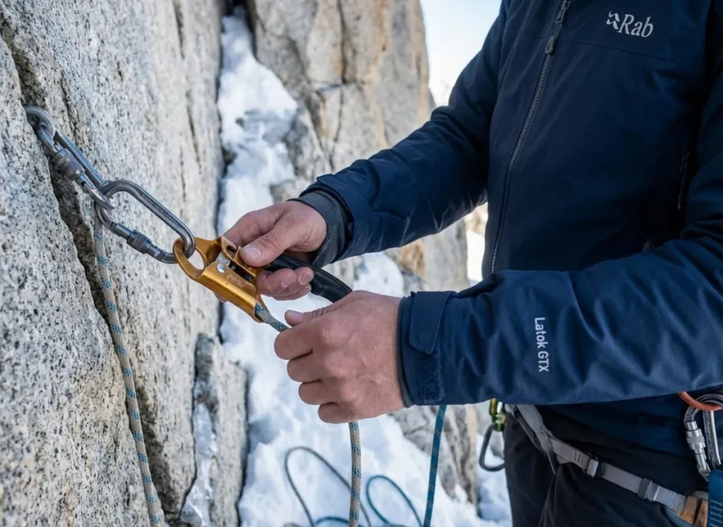 Mountaineer hands managing anchor transition with jumar and carabiners on fixed rope system