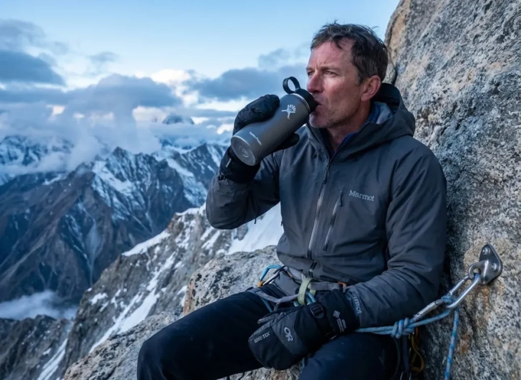 Fatigued mountaineer resting at belay stance assessing difficult terrain on Himalayan expedition
