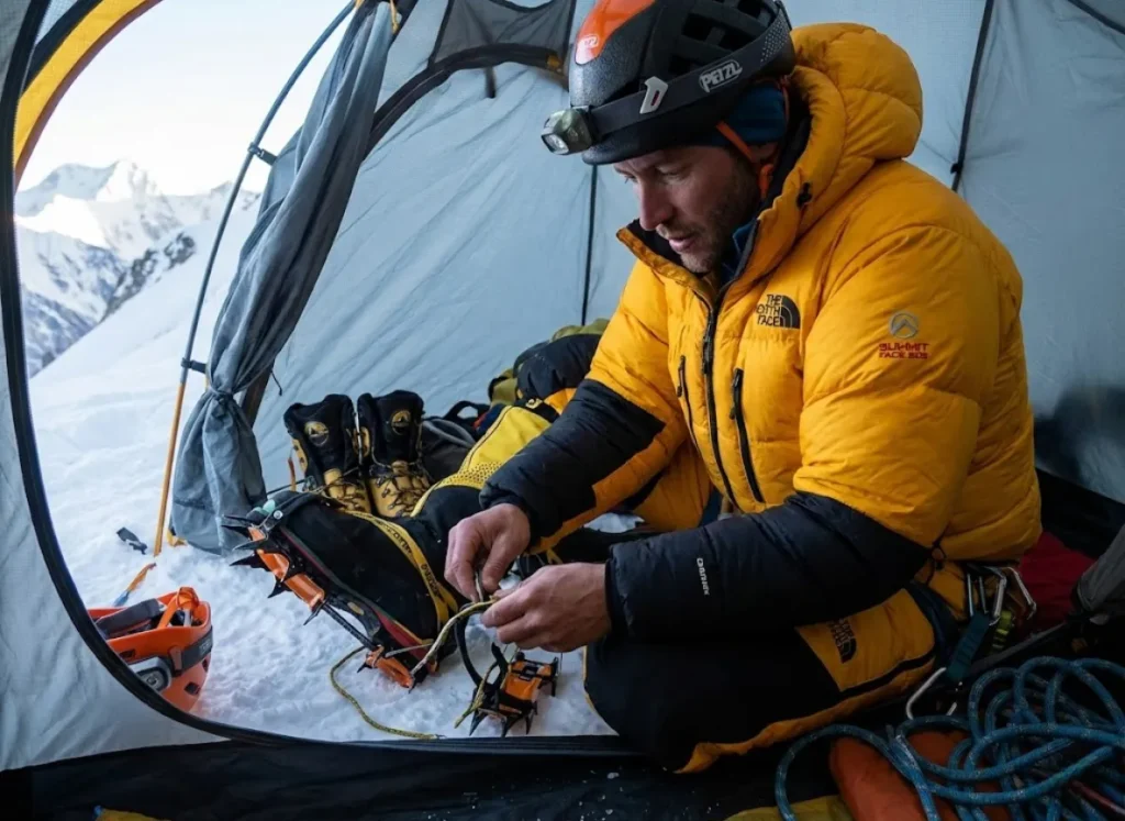 Mountaineer preparing La Sportiva double boots and crampons in high camp tent for summit push