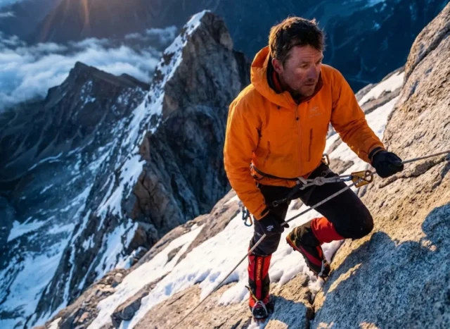 ama-dablam-expedition-skills-fixed-rope-climbing Mountaineer ascending fixed rope on Ama Dablam using Jumar ascender in alpine conditions