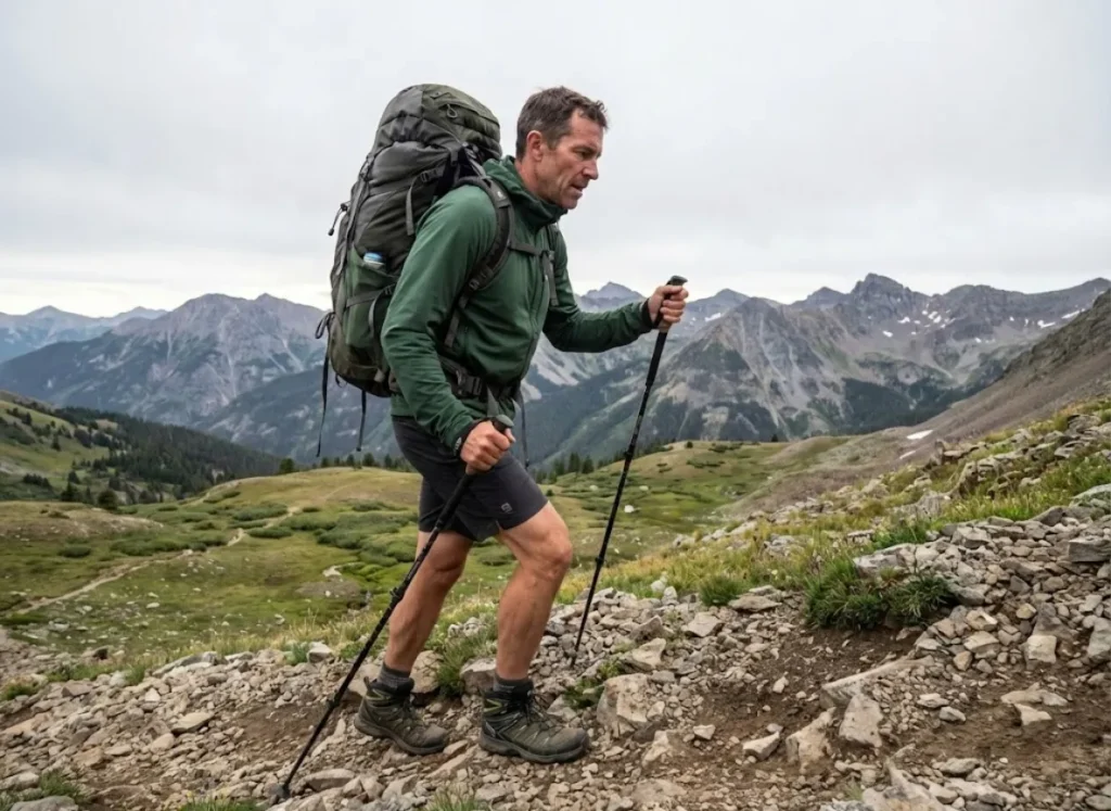 Mountaineer training with heavy pack on steep mountain trail for expedition physical conditioning