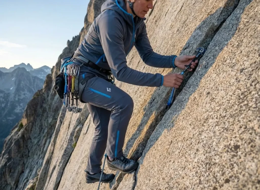 Female alpinist lead climbing steep rock route demonstrating 5.9 rock skills in mountain environment