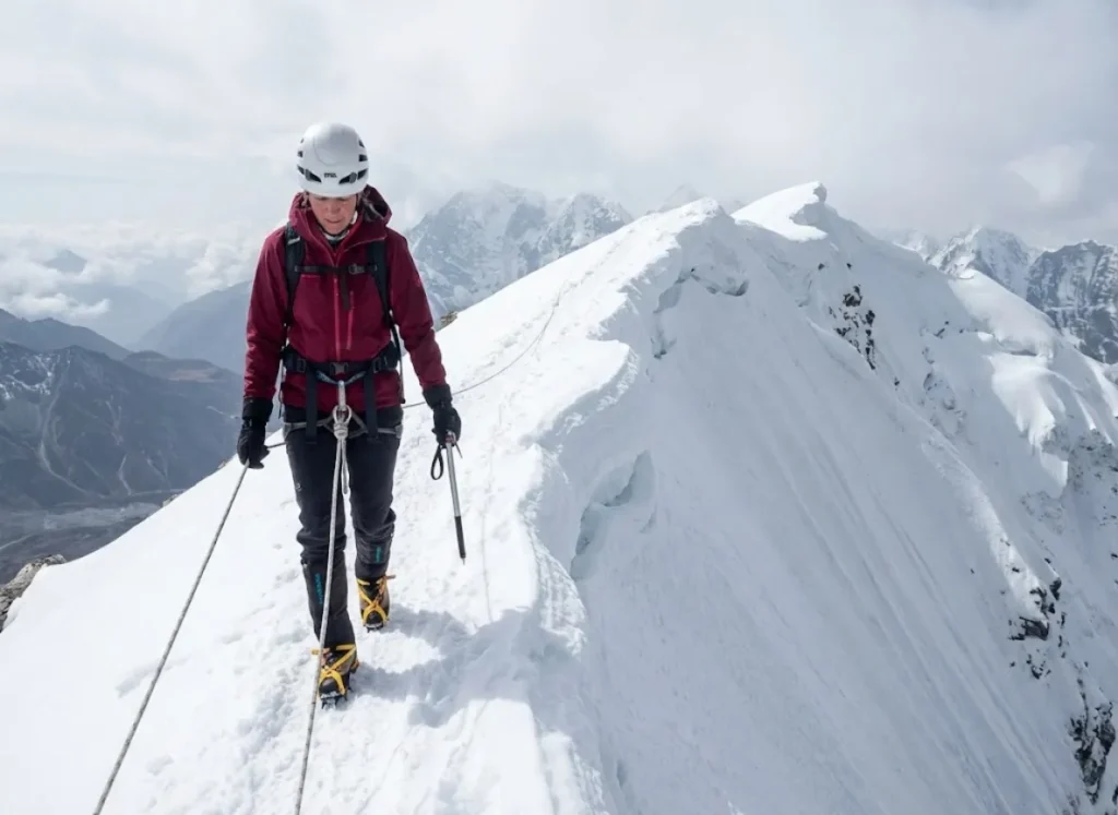 Female climber traversing exposed Himalayan ridge with fixed rope and ice axe for safety