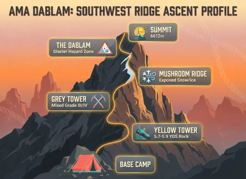 A vertical route profile infographic of Ama Dablam's Southwest Ridge against a sunset rock face background, detailing camps and technical features like the Yellow Tower and Mushroom Ridge with illustrated icons.