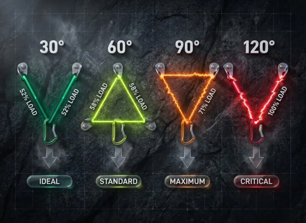 A photorealistic 3D technical diagram visualizing rock climbing anchor forces at 30, 60, 90, and 120 degrees, showing the percentage of load multiplication on each arm with color-coded safety vectors from green to red.