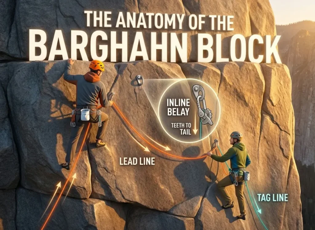 A vertical, high-definition editorial infographic titled "The Anatomy of the Barghahn Block," illustrating a multi-pitch climbing scenario on a granite wall. It visually details the lead line, tag line, and an inline belay anchor point with a Progress Capture Device (PCD), using a blend of vector clarity and 3D lighting.