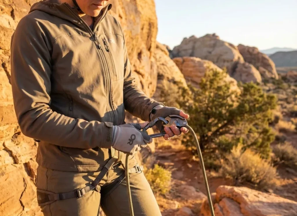 Belayer performing squeeze check to verify carabiner is properly locked