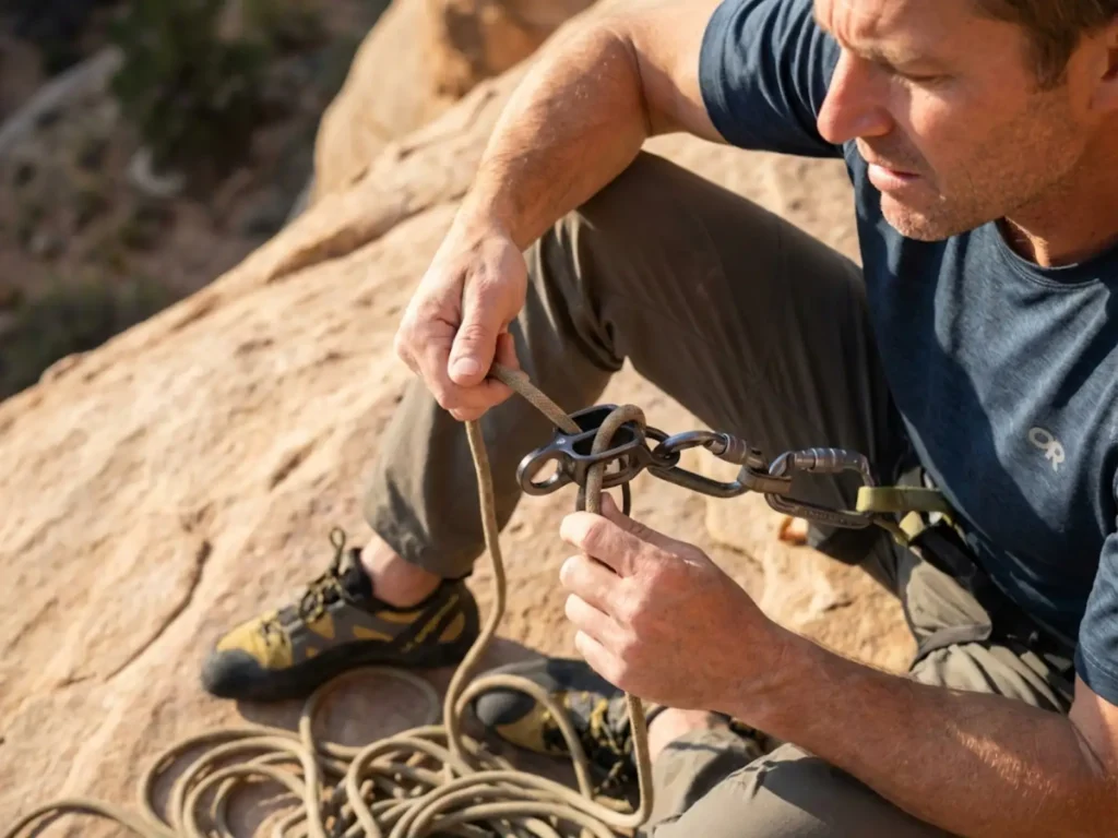Climber tying Munter-Mule-Overhand knot on ATC Guide belay device during belay escape procedure