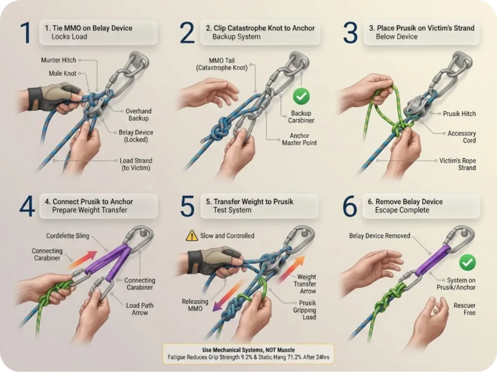 Six-step photo sequence showing belay escape technique: tying MMO on belay device, catastrophe knot clipped to anchor, Prusik placed on victim's strand, cordelette connected to Prusik and anchor, weight transfer in progress, and belay device removed.