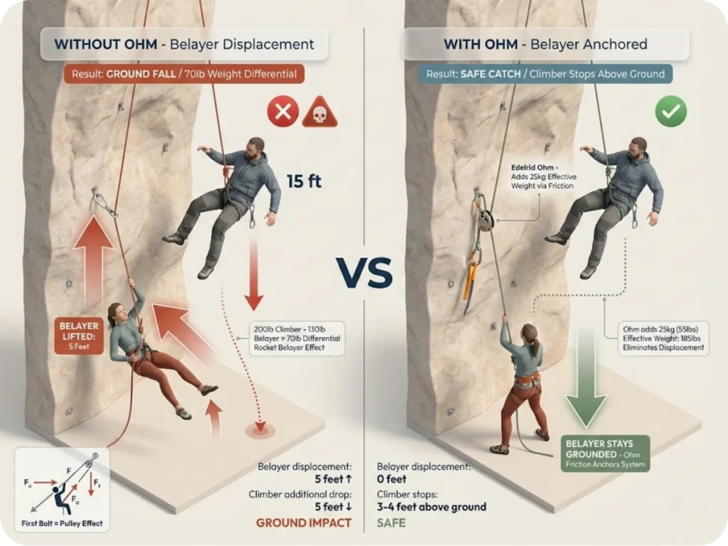 Side-by-side comparison diagram showing rocket belayer effect: left panel shows light belayer lifted 5 feet by heavy falling climber resulting in ground impact, right panel shows same scenario with Edelrid Ohm device keeping belayer grounded and climber stopping safely above ground.