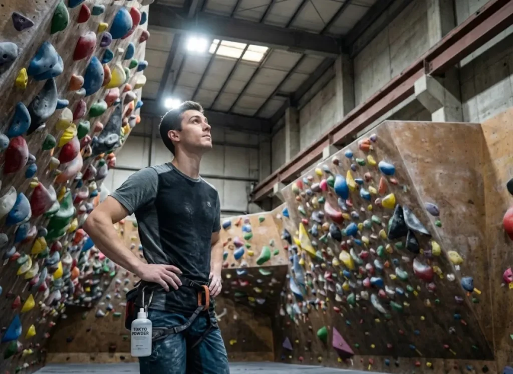 Climber studying beta sequence on densely set Tokyo bouldering problem