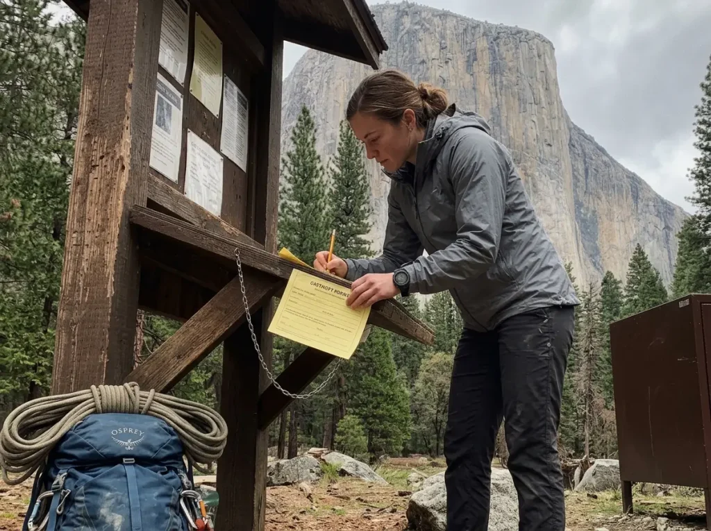 A climber self-registering for an overnight big wall permit at a kiosk near El Capitan Bridge