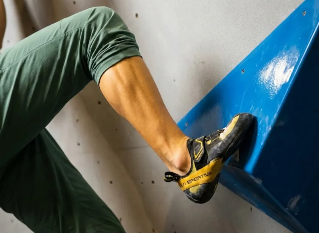 Close up of a climber's lower leg and La Sportiva shoe executing a dropped-heel smear on a blue dual-texture volume to maximize friction.
