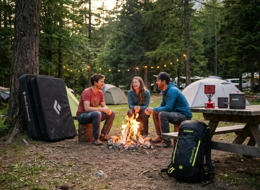 Climbers socializing around campfire at Bodhi Camping Magic Wood bouldering base camp