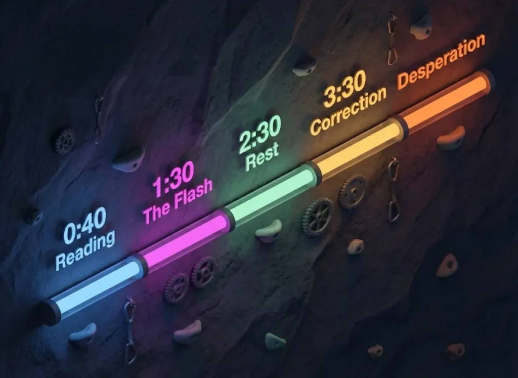 A stylized, isometric 3D timeline visualizing a 4-minute bouldering competition strategy. The timeline is segmented into colored phases: Reading, The Flash, Rest, Correction, and Desperation, set against a textured climbing wall background.