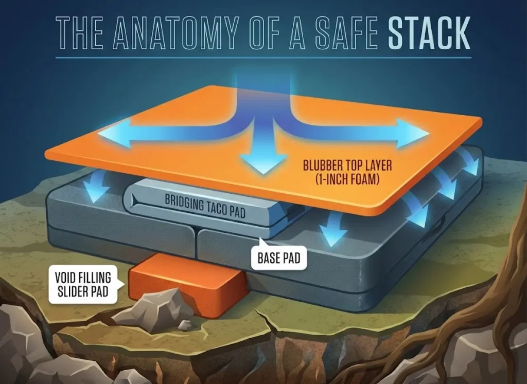 A cross-section infographic titled 'THE ANATOMY OF A SAFE STACK' illustrating layers of bouldering pads over uneven ground. From bottom to top: uneven rocky ground, a 'VOID FILLING SLIDER PAD', a 'BASE PAD', a folded 'BRIDGING TACO PAD', and a thin, draping 'BLUBBER TOP LAYER'. Glowing arrows show force distribution across the top layer to smooth seams.