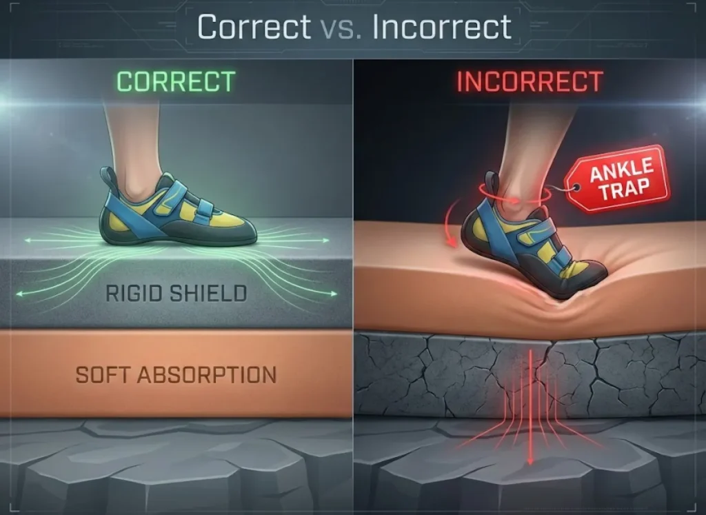 A side-by-side technical comparison diagram showing proper bouldering pad stacking. The left side shows a foot landing flat on a "Hard-on-Soft" stack with even impact distribution. The right side shows a foot twisting into a "Soft-on-Hard" stack, labeled with a red "Ankle Trap" warning.