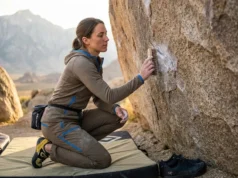 Brushing Holds the Right Way: Friction, Etiquette, Gear Climber brushing granite boulder hold with boar hair brush at sunset in Bishop California