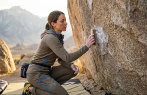 Brushing Holds the Right Way: Friction, Etiquette, Gear Climber brushing granite boulder hold with boar hair brush at sunset in Bishop California