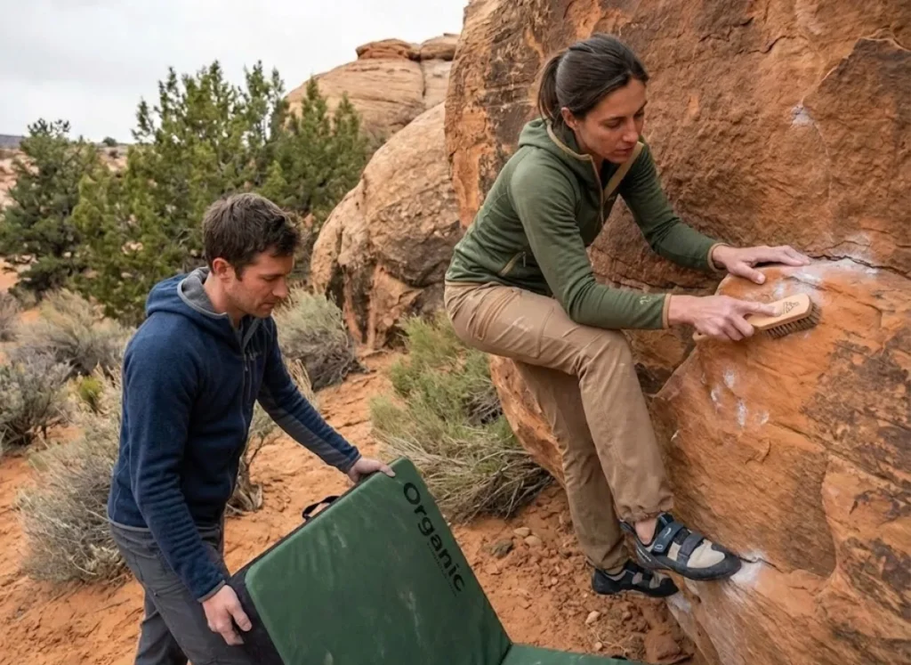 Climbers brushing orange sandstone boulder hold in Joe's Valley Utah desert