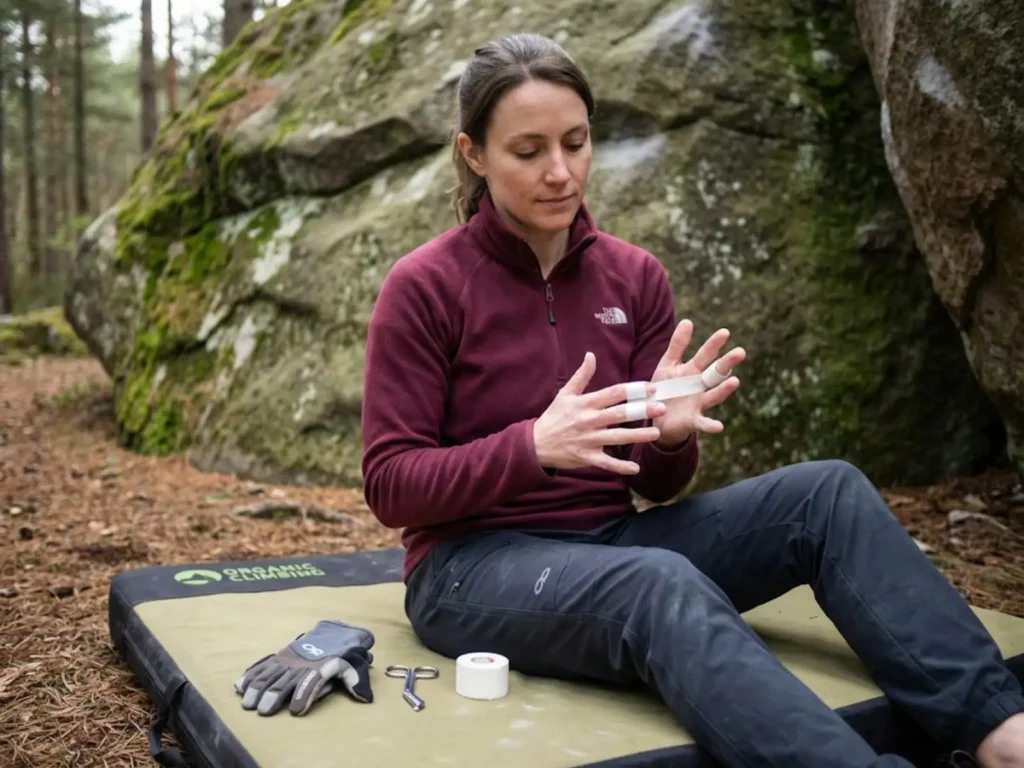 Climber applying buddy tape to injured finger for immobilization and protection after pulley injury